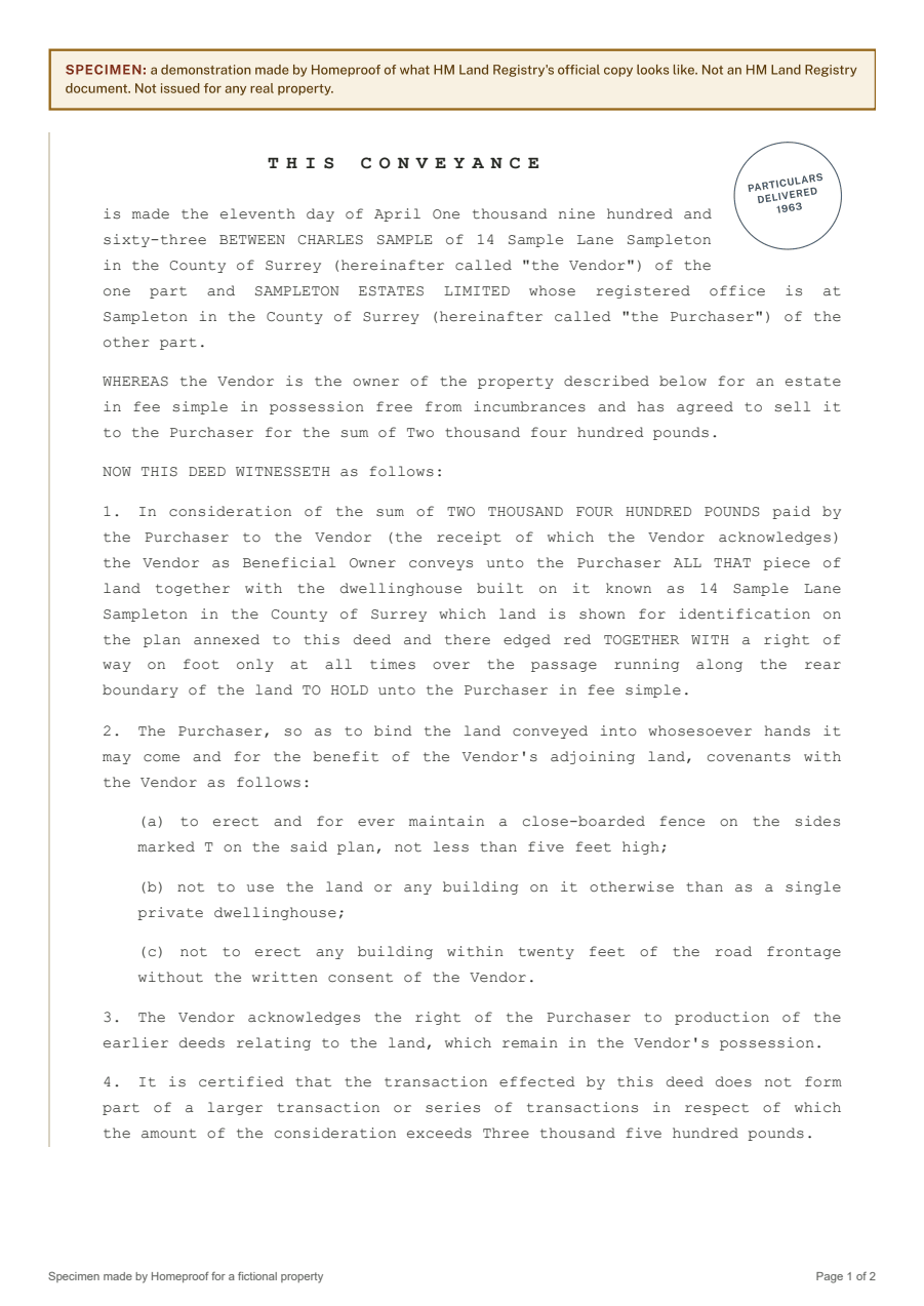First page of the filed document: a conveyance (specimen)